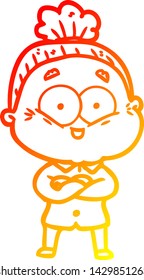 warm gradient line drawing of a cartoon happy old woman