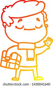 dibujo de línea de gradiente cálido de un hombre de caricatura que lleva regalo de navidad ondeando