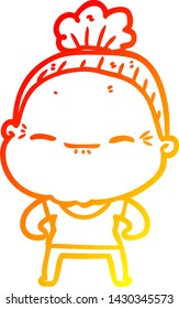 warm gradient line drawing of a cartoon peaceful old woman