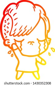 dibujo de línea de gradiente cálido de una niña llorando de caricatura saludando