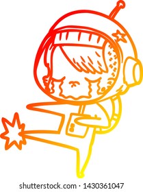 warm gradient line drawing of a cartoon crying astronaut girl kicking