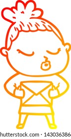 warm gradient line drawing of a cartoon calm woman