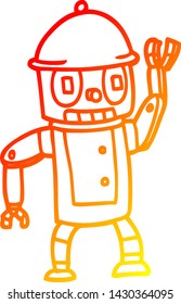 dibujo de línea de gradiente cálido de un robot de dibujos animados ondeando