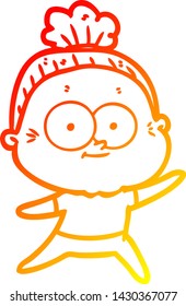 warm gradient line drawing of a cartoon happy old woman