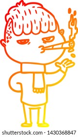 dibujo de línea de degradado cálido de un hombre de dibujos animados que fuma
