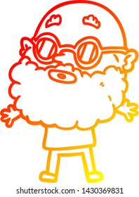warm gradient line drawing of a cartoon curious man with beard and sunglasses