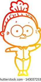 warm gradient line drawing of a cartoon happy old woman