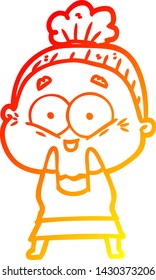 warm gradient line drawing of a cartoon happy old woman