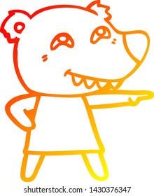warm gradient line drawing of a cartoon pointing bear girl showing teeth