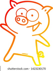 warm gradient line drawing of a cheerful dancing pig cartoon
