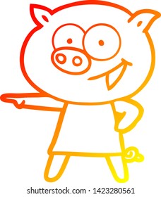 dibujo de línea de gradiente cálido de un cerdo alegre en la caricatura señalando
