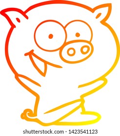 warm gradient line drawing of a cheerful sitting pig cartoon