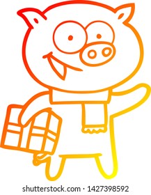 warm gradient line drawing of a cheerful pig with christmas gift