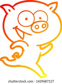 warm gradient line drawing of a cheerful running pig cartoon