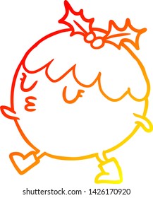 dibujo de línea de gradiente cálido de un pudín de navidad caminando