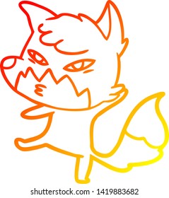 dibujo de línea de degradado cálido de un zorro de dibujos animados inteligente