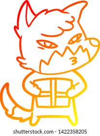 dibujo de línea de degradado cálido de un zorro de dibujos animados inteligente