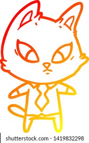 dibujo de línea de degradado cálido de un gato de negocios de dibujos animados confusos