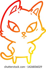 dibujo de línea de degradado cálido de un gato de dibujos animados confuso