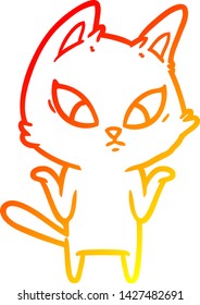 dibujo de líneas de gradiente cálido de un gato de dibujos animados confundido encogiéndose hombros