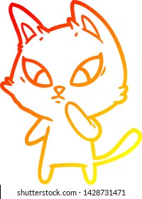 dibujo de línea de degradado cálido de un gato de dibujos animados confuso