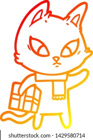 dibujo de línea de degradado cálido de un gato de dibujos animados confuso