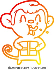 warm gradient line drawing of a crazy cartoon monkey with christmas present