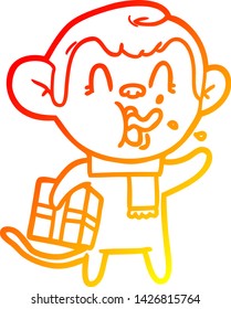 warm gradient line drawing of a crazy cartoon monkey with christmas present