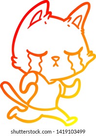 warm gradient line drawing of a crying cartoon cat running away