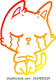 warm gradient line drawing of a crying cartoon cat sitting