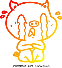 warm gradient line drawing of a crying pig cartoon