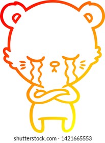 warm gradient line drawing of a crying cartoon bear with folded arms