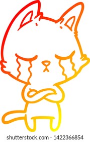 warm gradient line drawing of a crying cartoon cat with folded arms