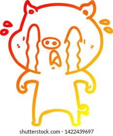 warm gradient line drawing of a crying pig cartoon