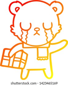 warm gradient line drawing of a crying polar bear cartoon with christmas gift