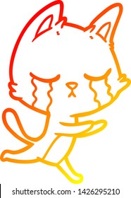 warm gradient line drawing of a crying cartoon cat running
