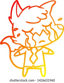 warm gradient line drawing of a crying business fox cartoon