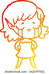 warm gradient line drawing of a crying cartoon elf girl