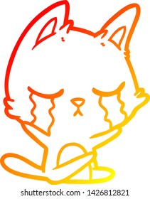 dibujo de línea de gradiente cálido de un gato de dibujos animados que llora