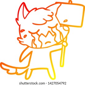 warm gradient line drawing of a crying fox cartoon with placard