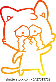 desenho de linha gradiente quente de um gato de desenho animado chorando