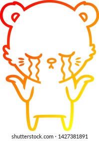 warm gradient line drawing of a crying cartoon polar bear shrugging shoulders