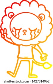 dibujo de línea de gradiente cálido de un león de caricatura que llora