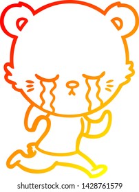 warm gradient line drawing of a crying cartoon bear running 