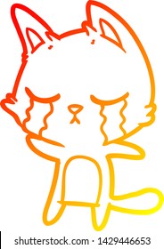 warm gradient line drawing of a crying cartoon cat