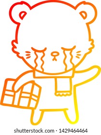 warm gradient line drawing of a crying cartoon bear with present