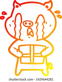 warm gradient line drawing of a crying pig cartoon delivering christmas present