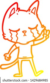 warm gradient line drawing of a crying cartoon cat