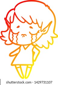 warm gradient line drawing of a crying cartoon elf girl