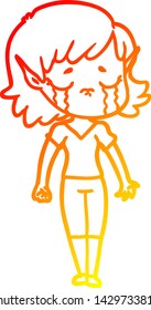 warm gradient line drawing of a crying cartoon elf girl